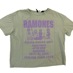H&M Ramones TShirt Women LG Green Italian Tour Cropped Band Tee Punk Rock Grunge